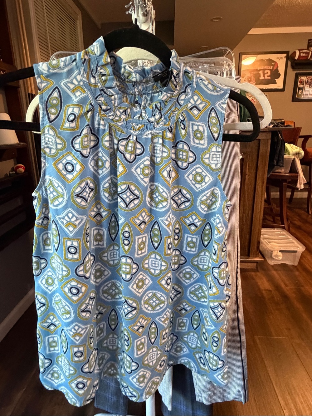 Ann Taylor Blue Geometric Print Smocked Neck Sleeveless Top